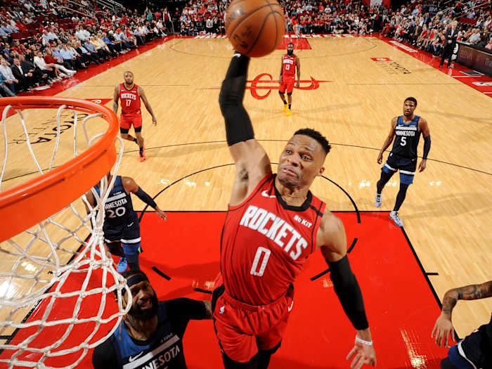 HOUSTON, TX - MARCH 10: Russell Westbrook #0 of the Houston Rockets dunks the ball against the Minnesota Timberwolves on March 10, 2020 at the Toyota Center in Houston, Texas.